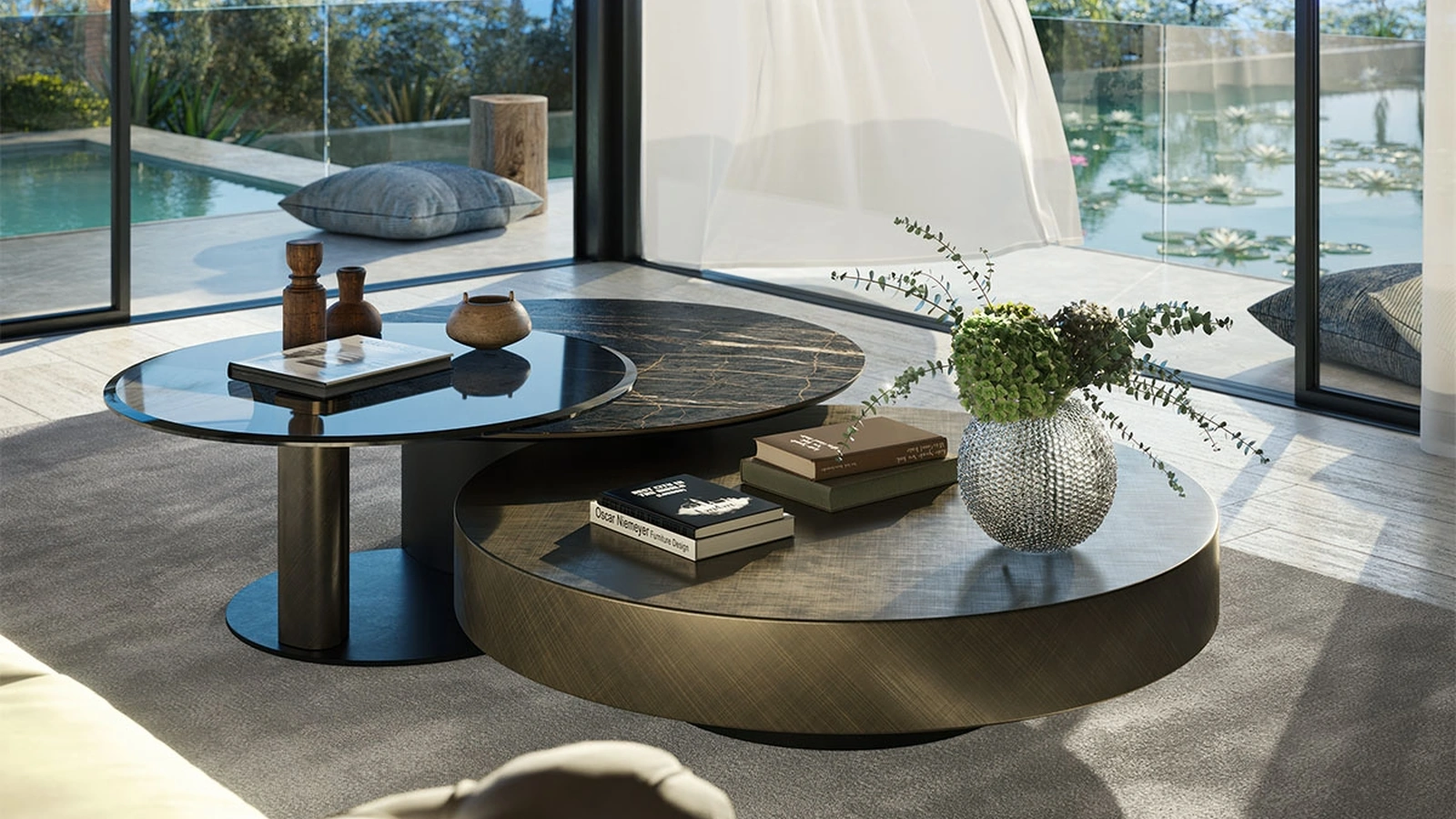 Tavolino in ceramica affiancato da un tavolino in vetro girevole Arena Keramik Bond di Cattelan Italia