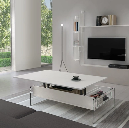 Tavolino multifunzione con piano alzabile realizzato in laminato ecologico con fianchi in vetro temperato London di Pezzani