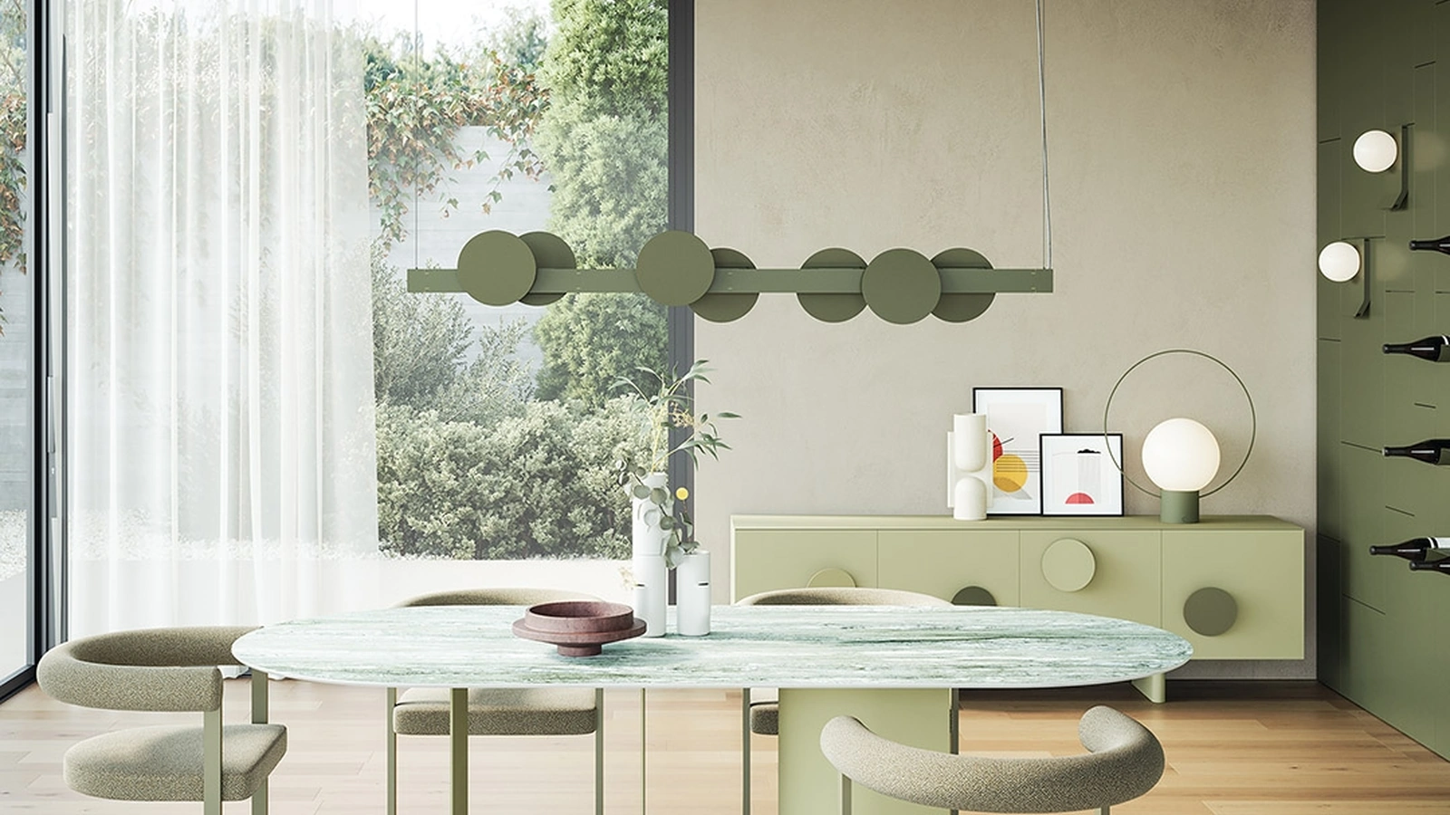 Lampada a sospensione Sundown composta da una barra in metallo verniciato ed elementi magnetici decorativi in metallo di Ronda Design