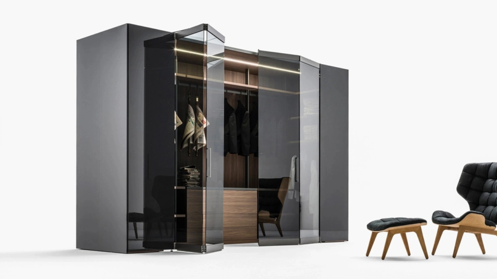 Cabina Armadio Freedhome compatta autoportante in vetro e laccato nero lucido Camerino Vetro di Caccaro