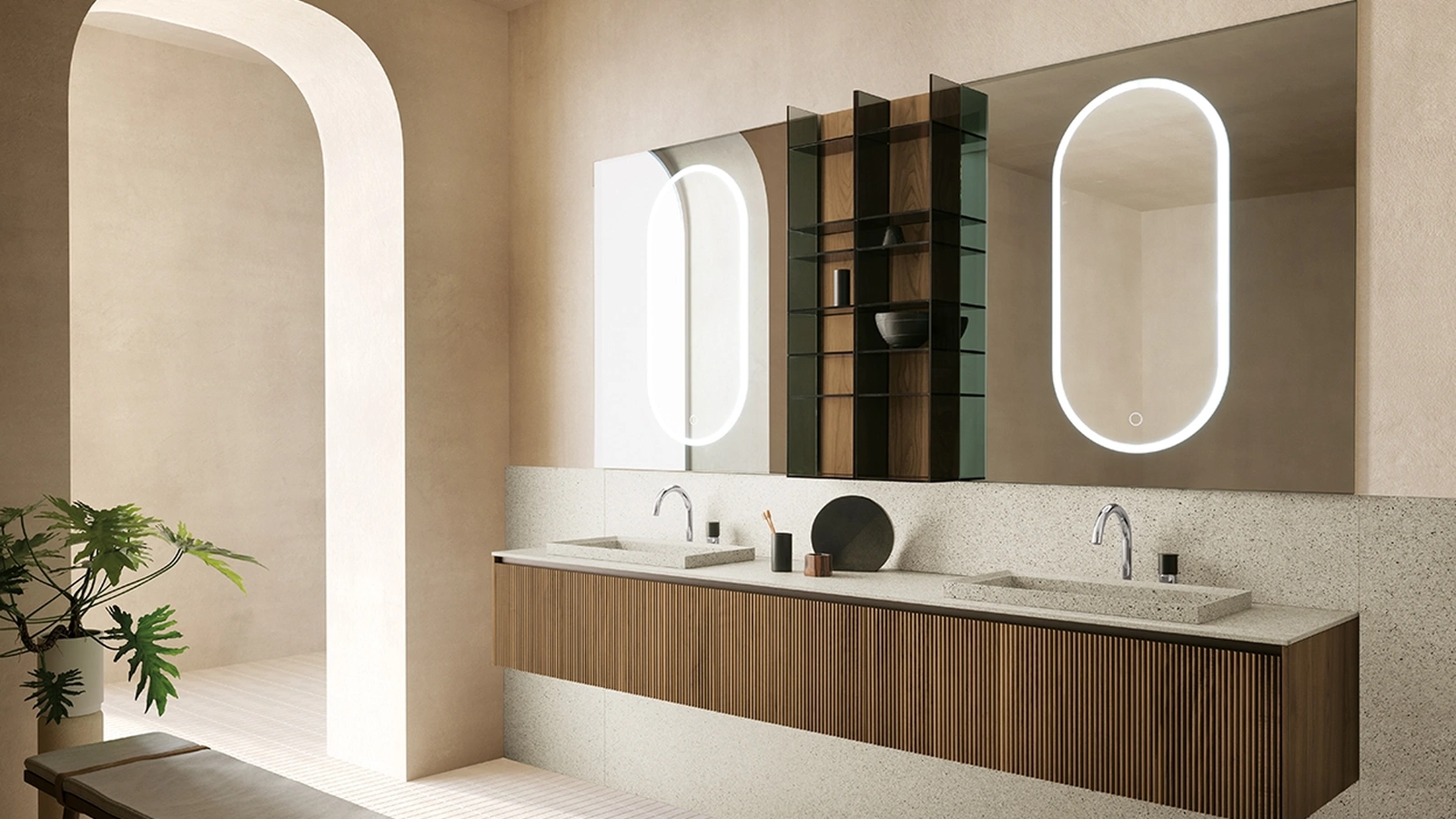 Mobile da Bagno sospeso in Noce Canaletto Tulle Cannettato 01 di Archeda