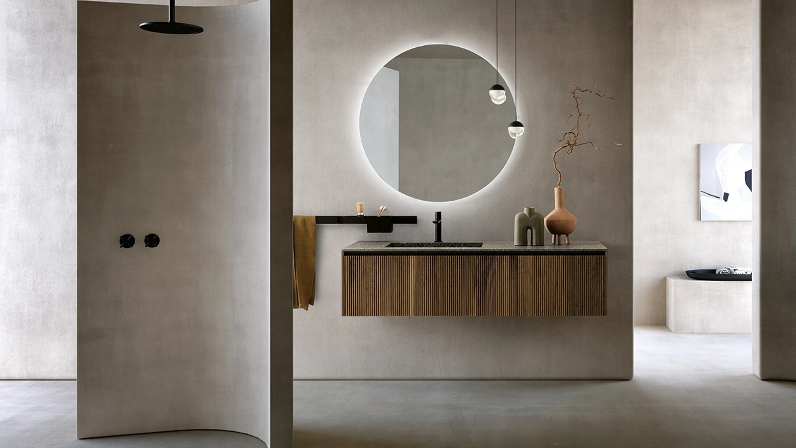 Mobile da Bagno sospeso in Noce Canaletto Tulle Cannettato 04 di Archeda