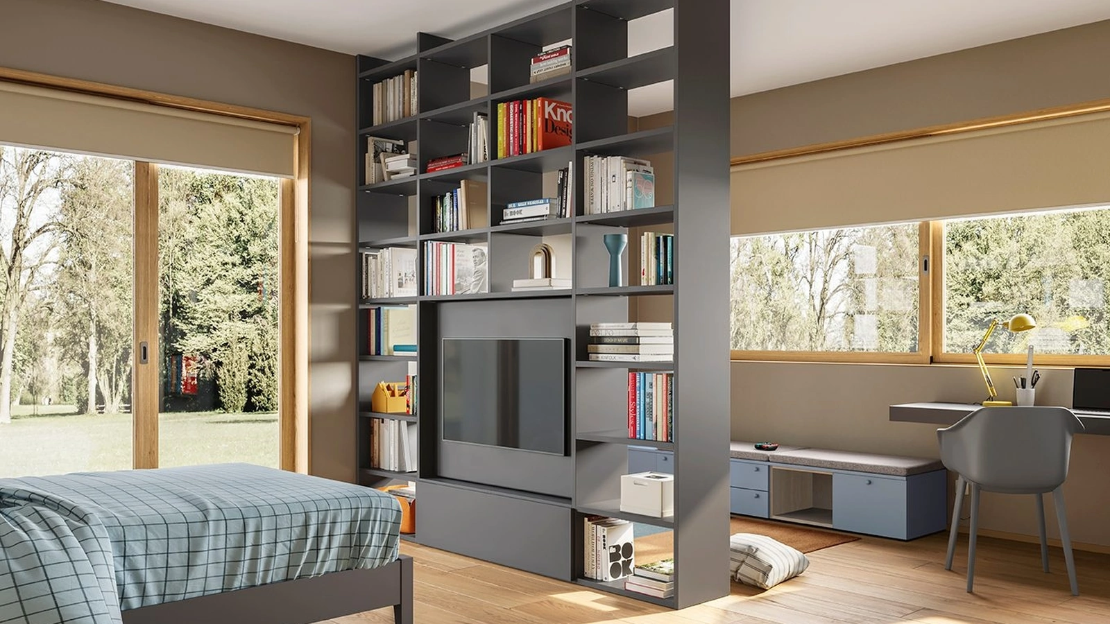 Cameretta Golf Y02 con angolo studio separato da una libreria bifacciale di Colombini Casa