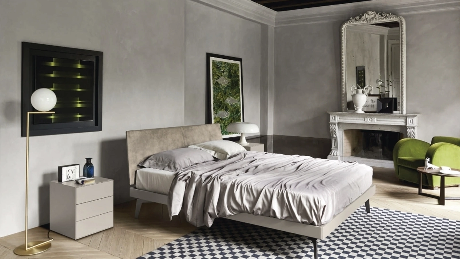 Letto Aliante 2|0 con testiera in pelle e giroletto laccato di Sangiacomo