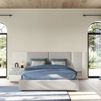 Letto Eclettica EN04 in tessuto imbottito e vetro di Colombini Casa