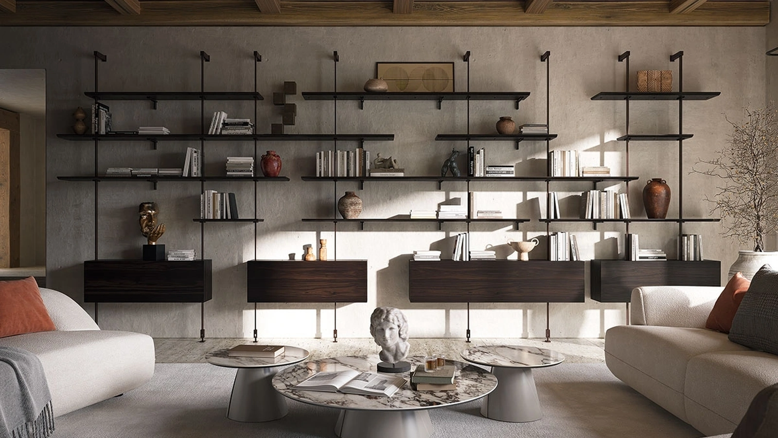 Libreria componibile a muro in acciaio goffrato e legno Airport di Cattelan Italia