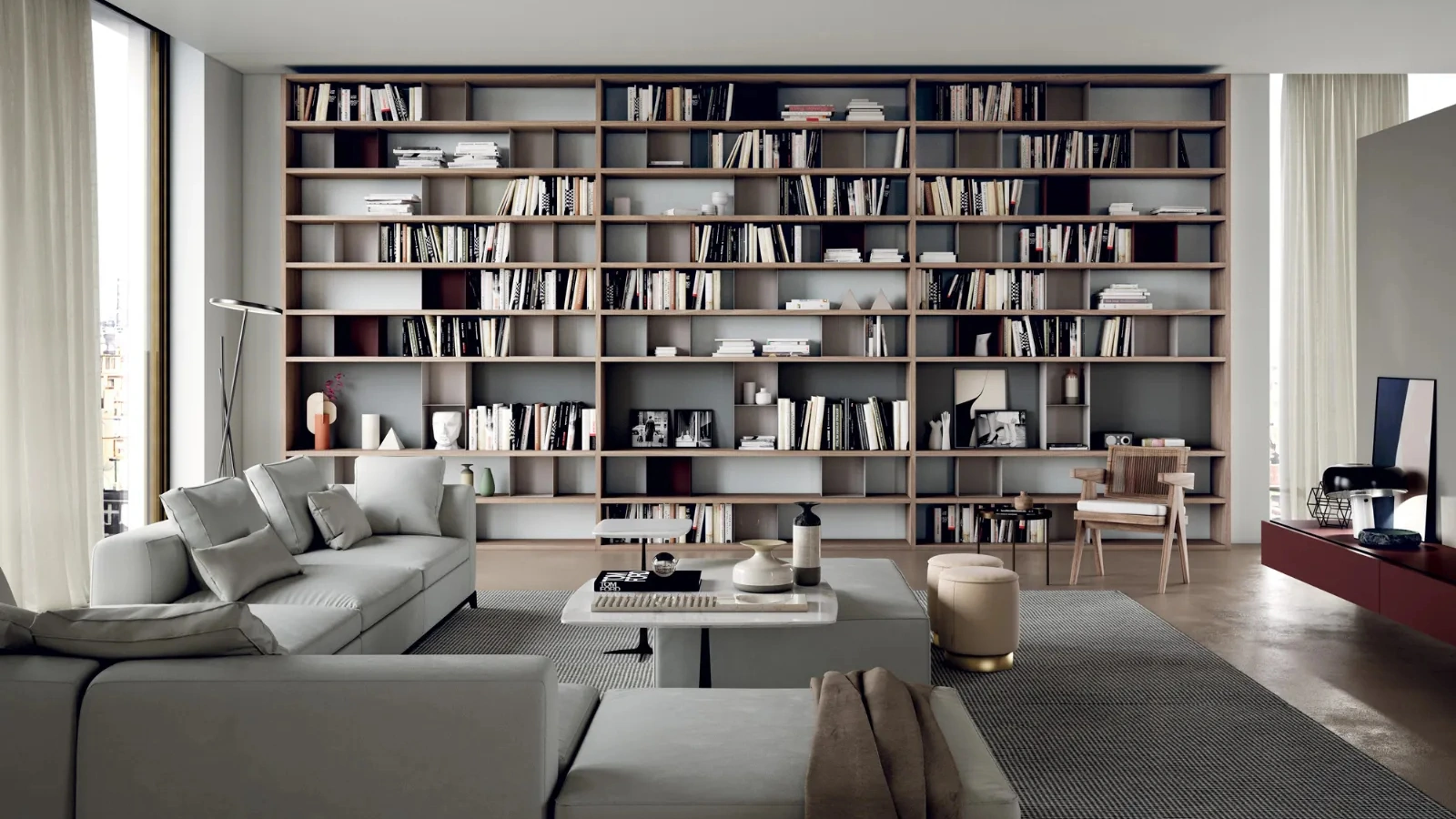 Libreria modulare MOOD 03 in nobilitato noce con box in metallo laccato opaco di Dielle Modus