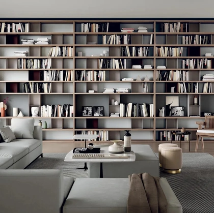 Libreria modulare MOOD 03 in nobilitato noce con box in metallo laccato opaco di Dielle Modus