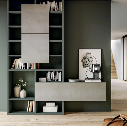 Libreria MOOD 18 in laccato opaco roccia con frontali in nobilitato design concrete di Dielle Modus