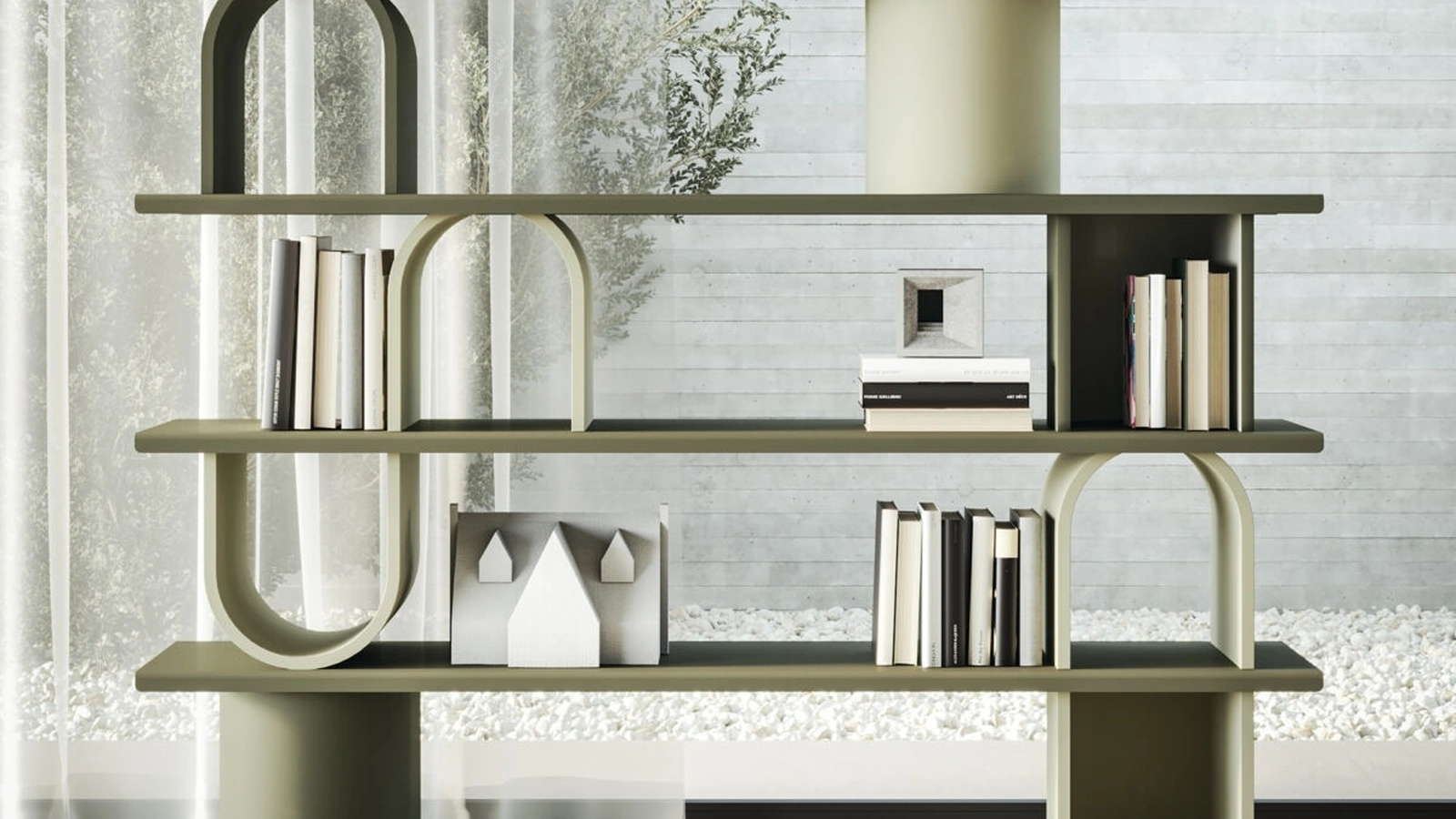 Libreria divisoria Libera Round in legno laccato con ripiani in metallo di Ronda Design