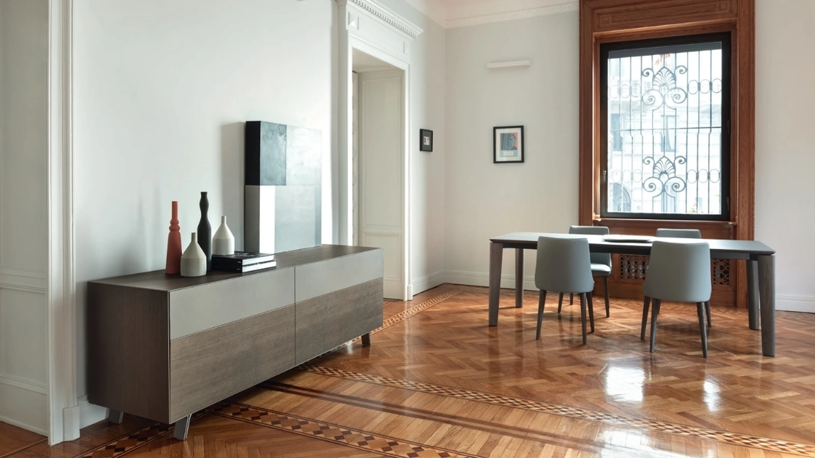 Madia Domino Mono 16M in finitura Rovere argilla e laccato Ardesia di Sangiacomo