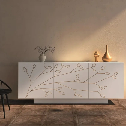 Madia Folium in laccato opaco bianco con decoro floreale color champagne di Fratelli Mirandola