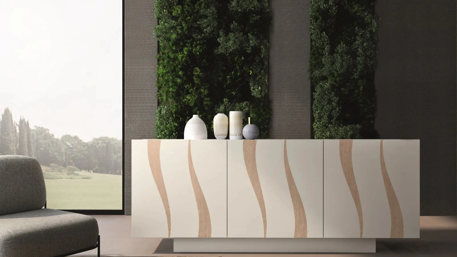 Madia Flame in laccato bianco opaco con inserti in rovere chiaro di Fratelli Mirandola