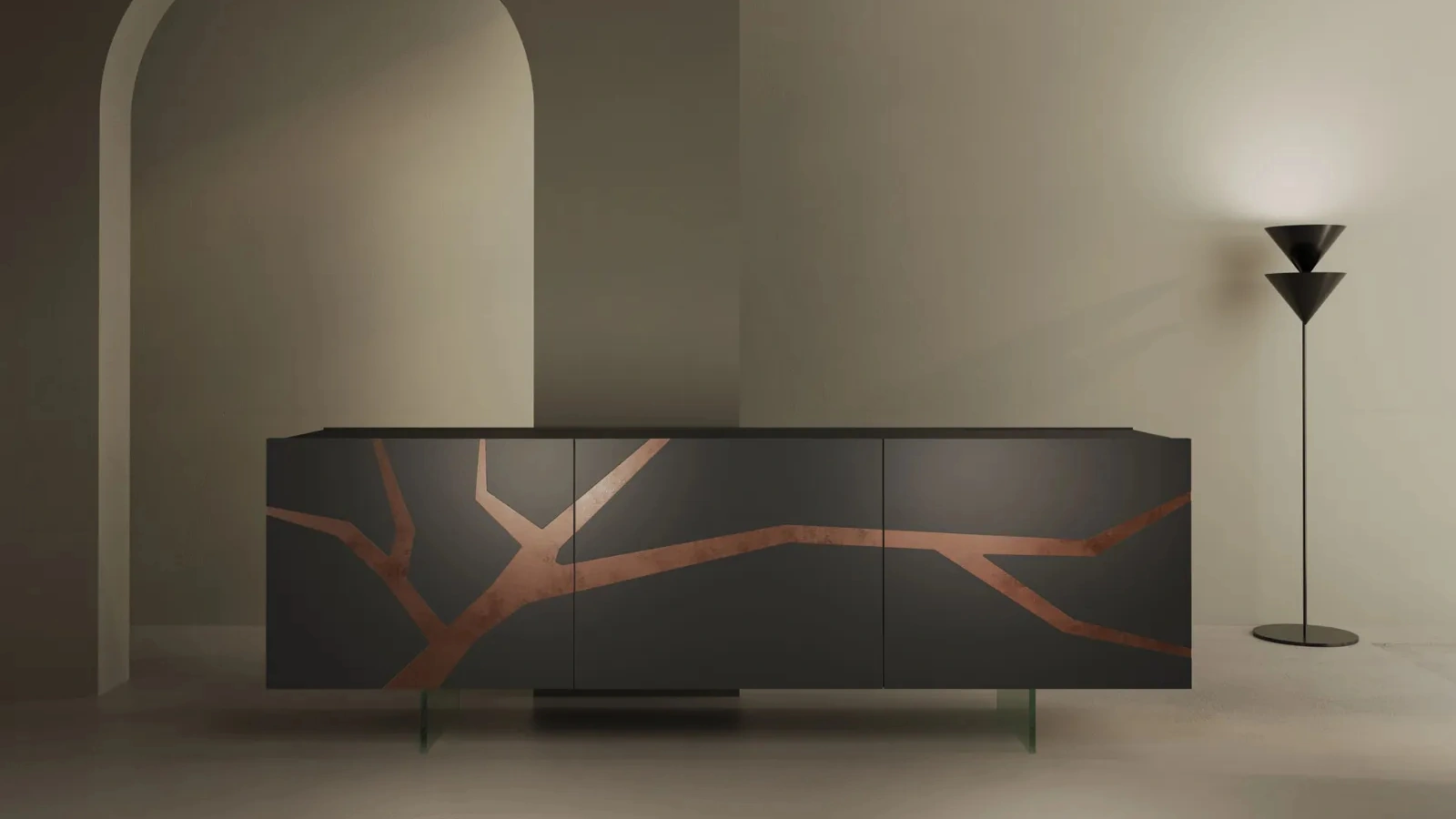 Madia Tosca in legno laccato con inserto in foglia bronzo di Fratelli Mirandola