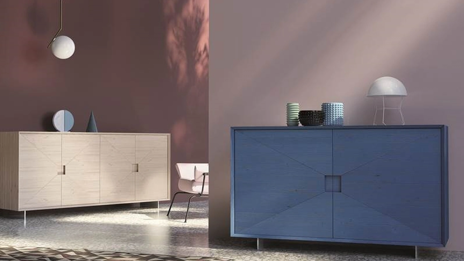 Madia Domus Aurea Art 1674|pa e 1675|pa in legno naturale patinato e laccato cobalto di Fratelli Mirandola