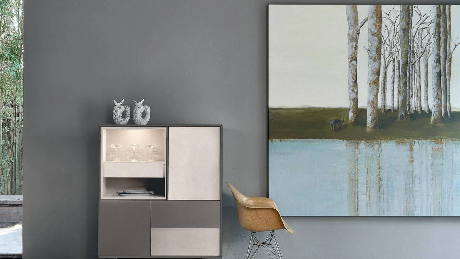 Madia Scrigno 316 in laccato opaco Piombo e materico Loto natura di Sangiacomo