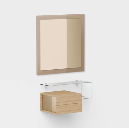 Mobile ingresso con specchiera, contenitore modulare in laminato e mensola sagomata in vetro Due di Pezzani