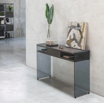 Mobile ingresso in laminato ecologico e struttura in vetro temperato Maya di Pezzani