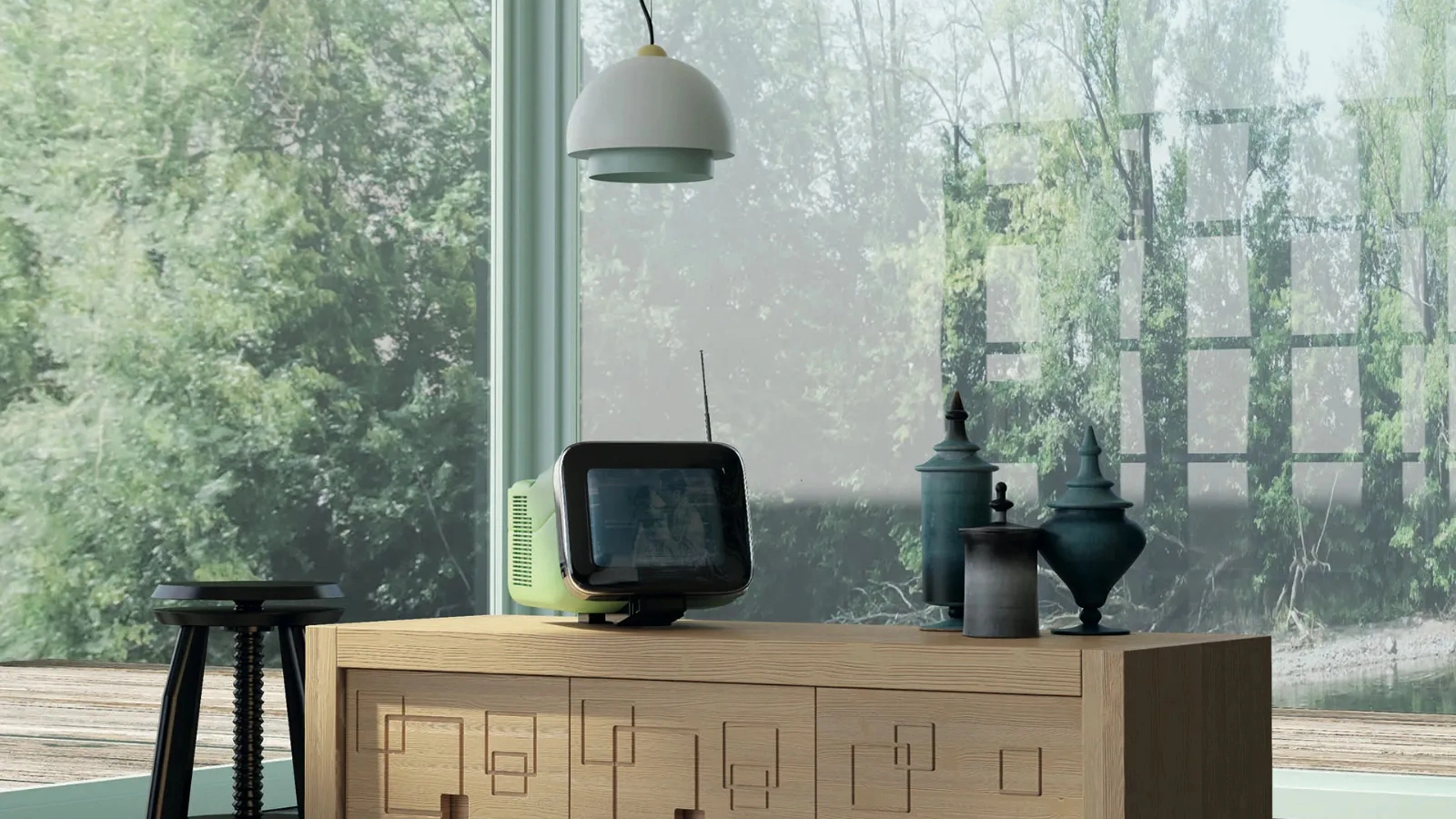 Porta tv Unikawood Mastra in legno massello di abete con ante serigrafate di Fratelli Mirandola