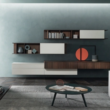 Parete Attrezzata Lampo L6C14 in impiallacciato Rovere termotrattato e laccato opaco Magnolia di Sangiacomo