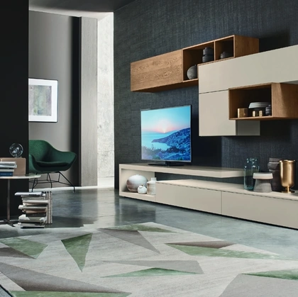 Parete Attrezzata Lampo L6C21 in laccato Canapa opaco e impiallacciato Rovere nodatodi Sangiacomo