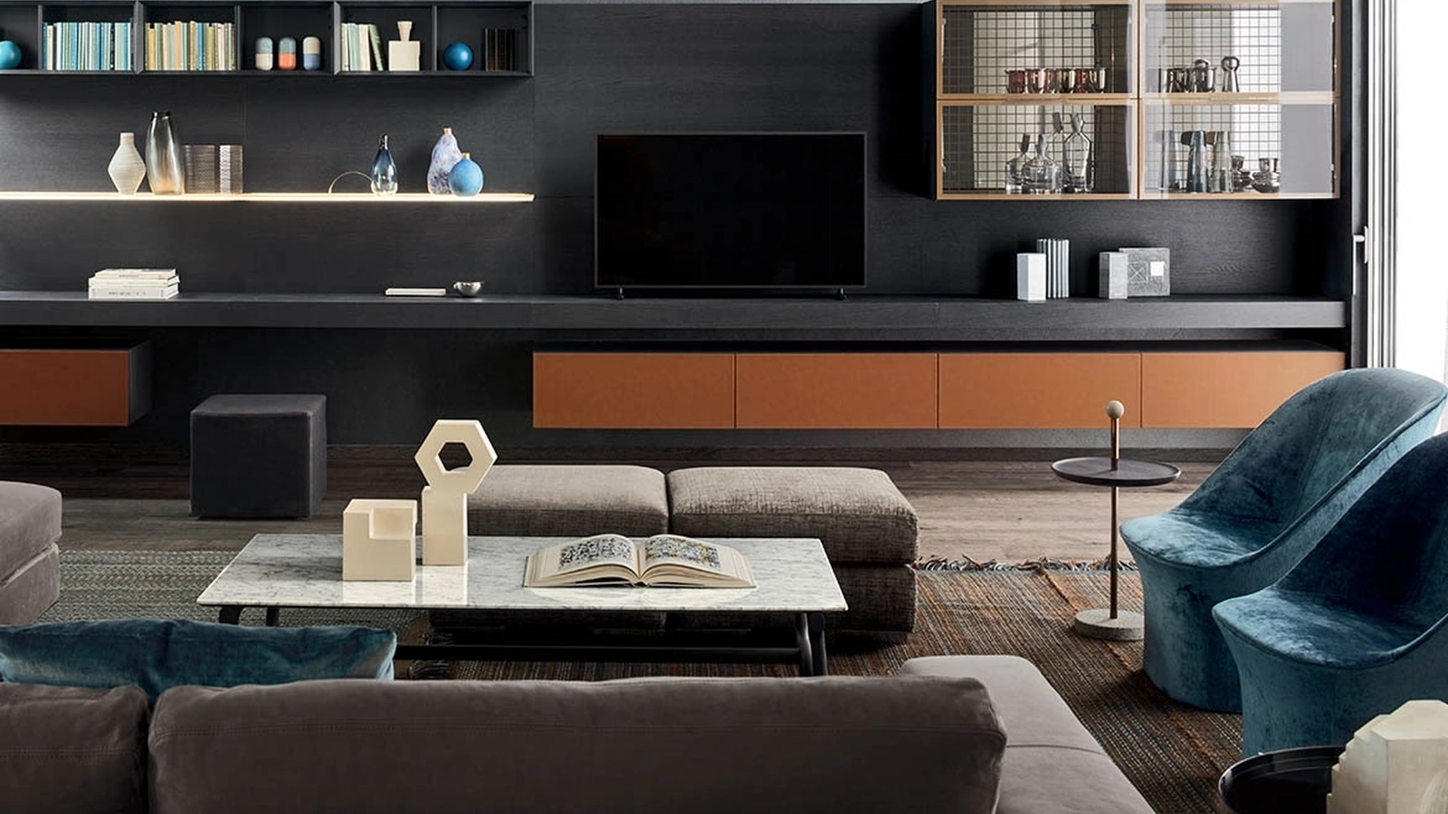 Parete Attrezzata People in frassino antracite e cuoio di Pianca