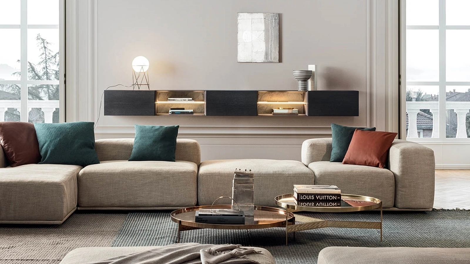 Parete Attrezzata sospesa People in frassino antracite e cuoio di Pianca