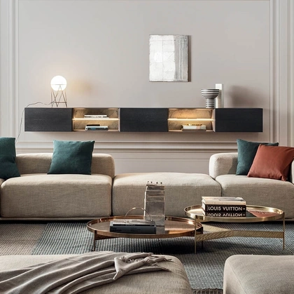 Parete Attrezzata sospesa People in frassino antracite e cuoio di Pianca