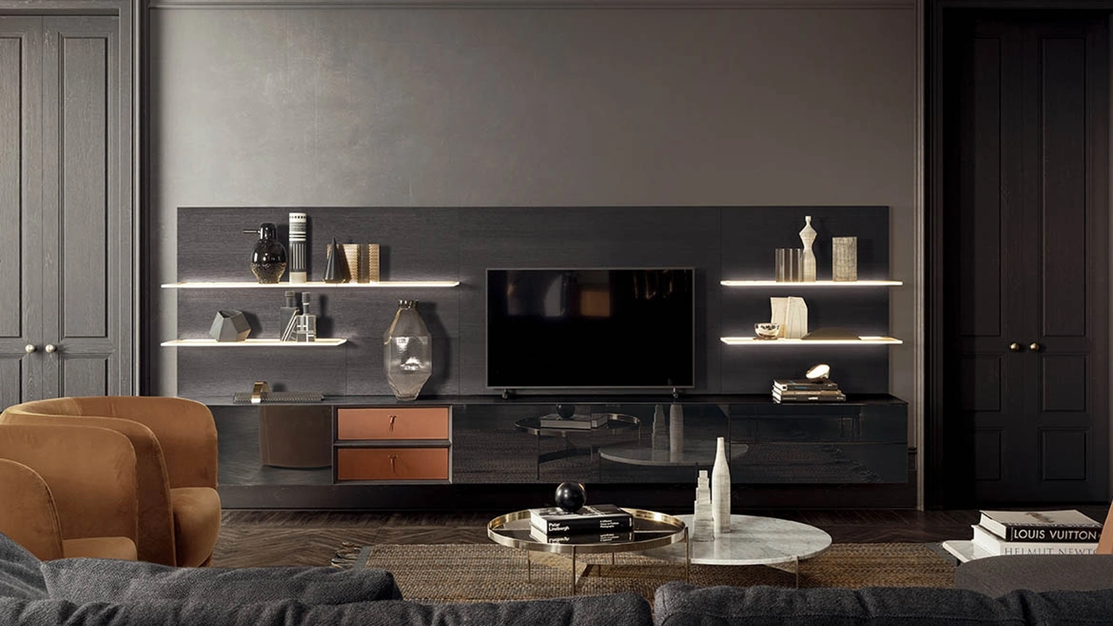 Parete Attrezzata Spazio con boiserie in frassino antracite, mensole in vetro, frontali e top specchio Piombo, moduli a giorno con contenitori in cuoio di Pianca