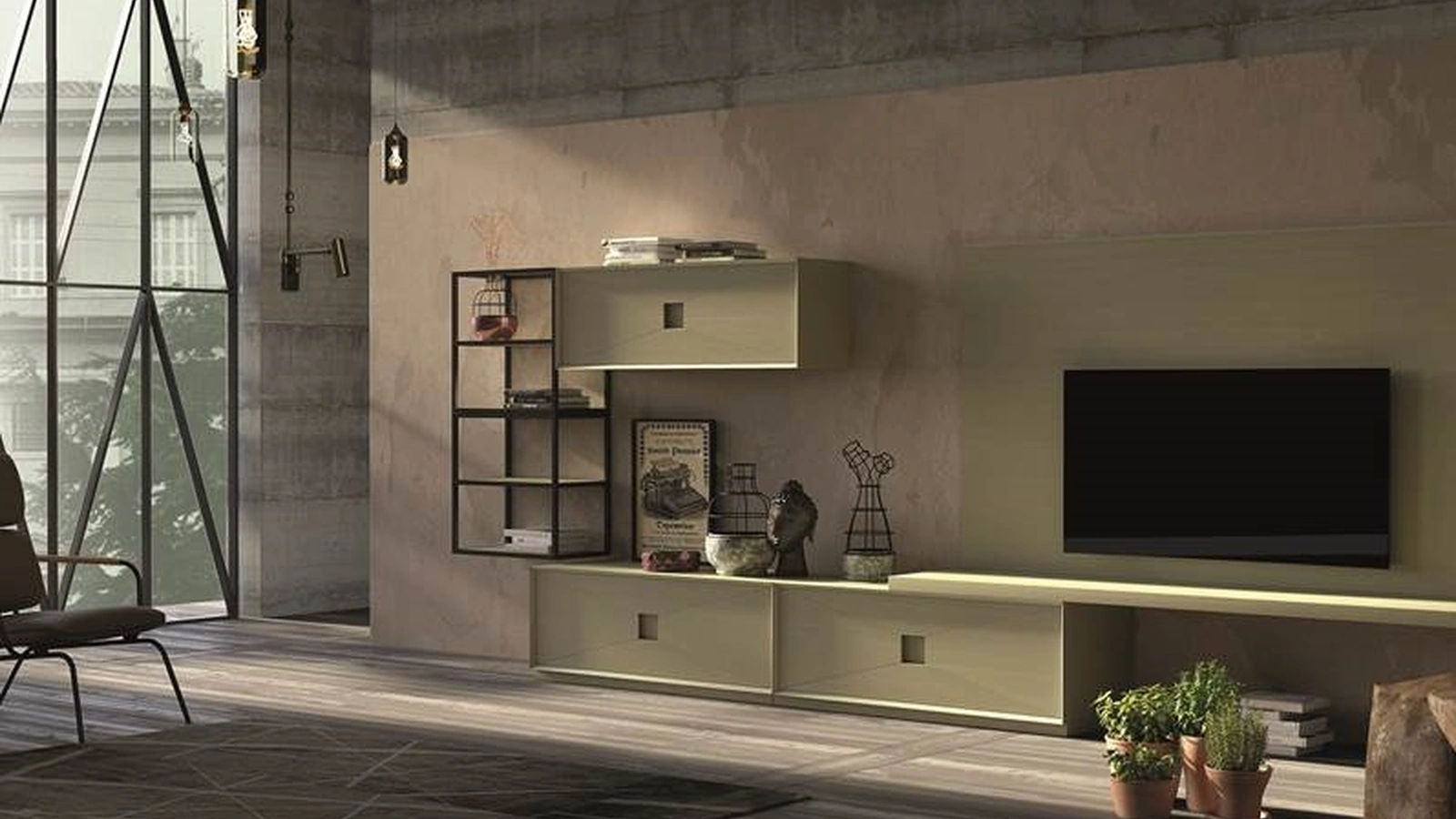 Parete attrezzata in legno laccato verde oliva con elementi in ferro Unikawood 12 di Fratelli Mirandola