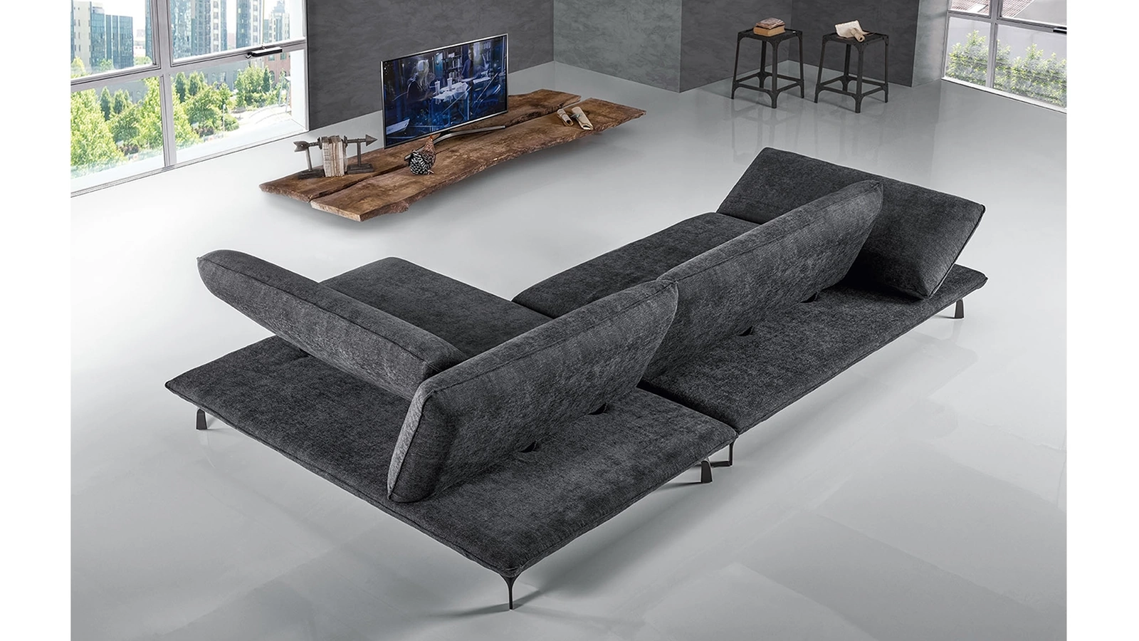 Divano in tessuto con penisola con schienali e braccioli regolabili Rock di Excò