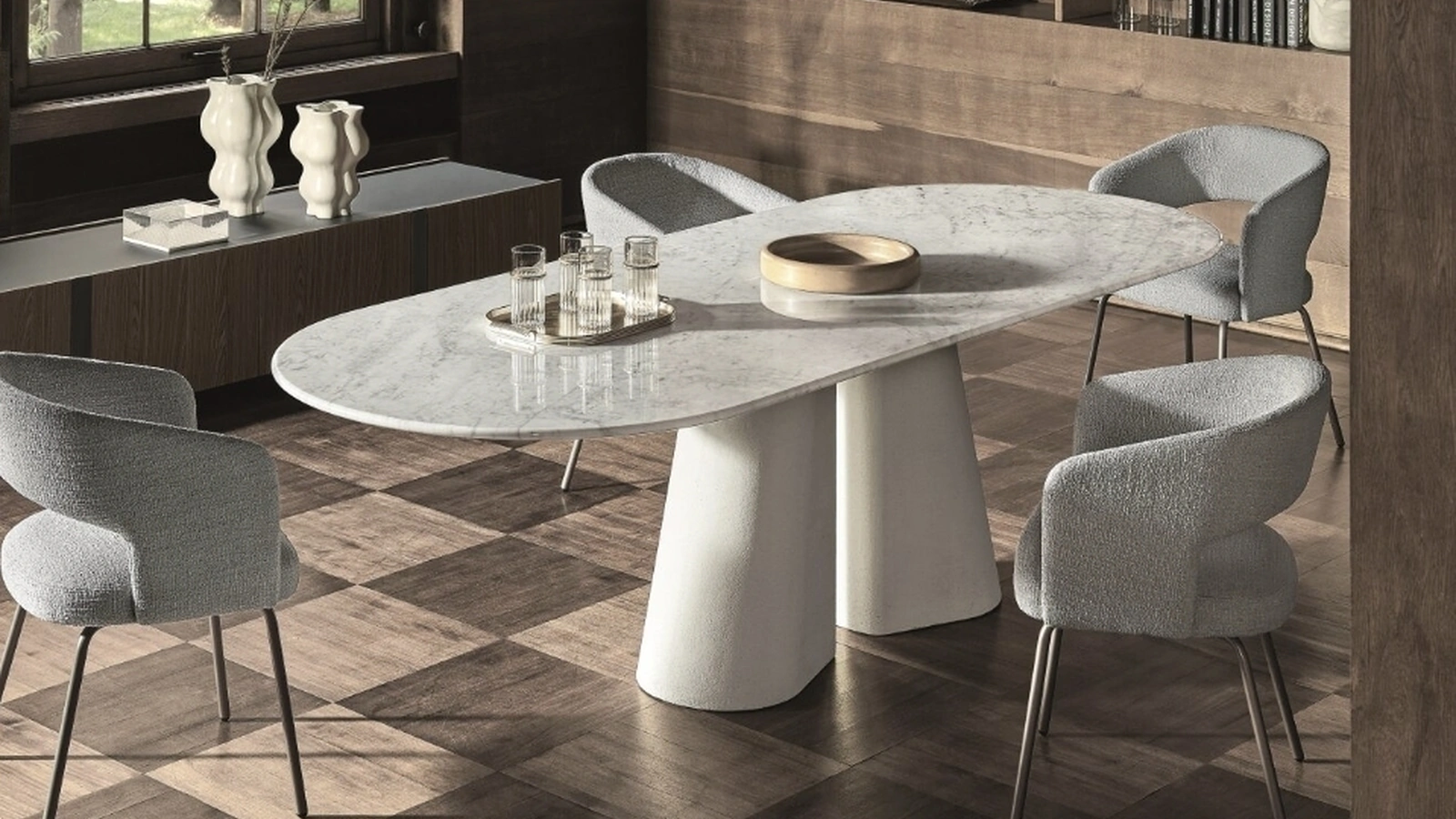 Tavolo ovale Pillar in marmo e cemento di Ditre Italia
