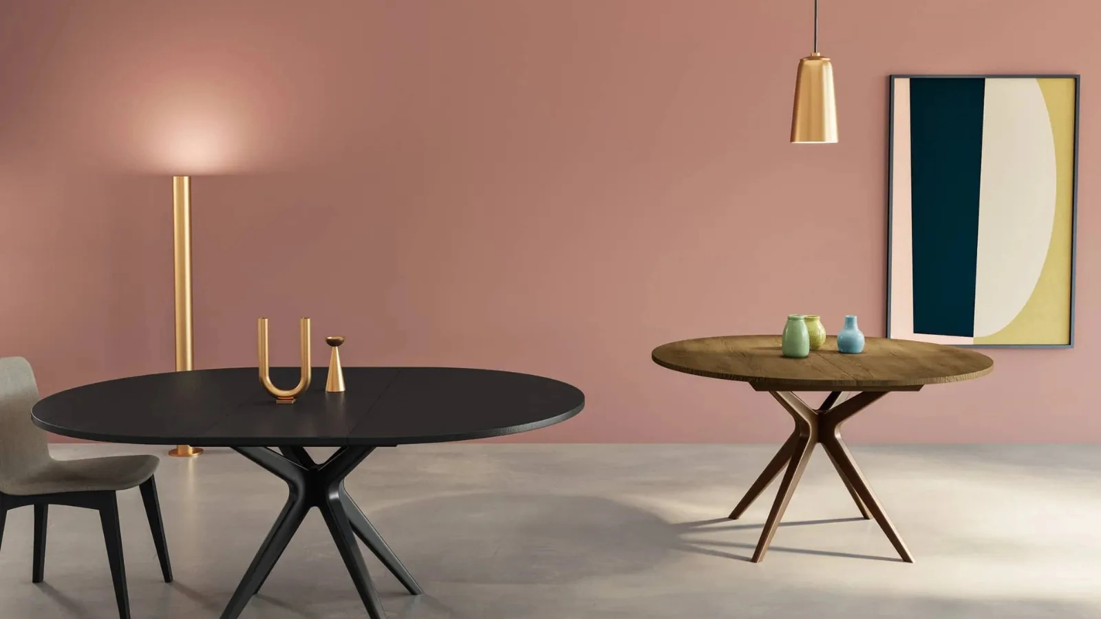 Tavolo rotondo allungabile in rovere Vitruvio con basamento incrociato di Fratelli Mirandola