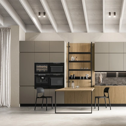 Cucina Moderna in laccato tortora e laminato rovere con penisola Wega 03 di Arredo3