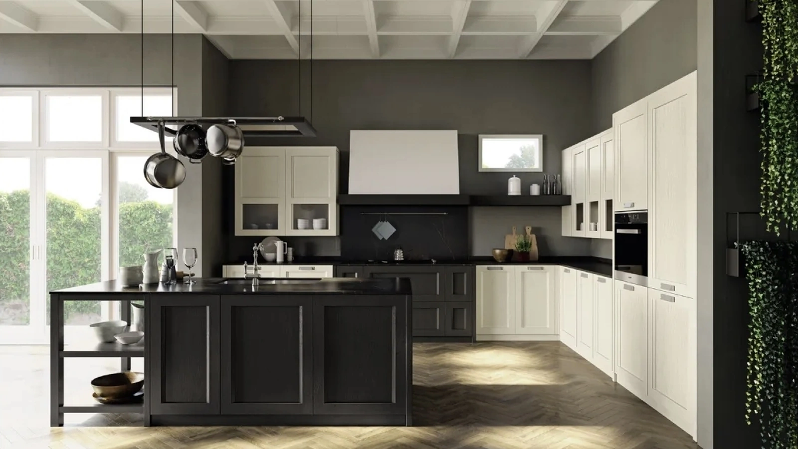 Cucina su misura angolare con isola Old England 02 in legno laccato opaco di Fratelli Mirandola